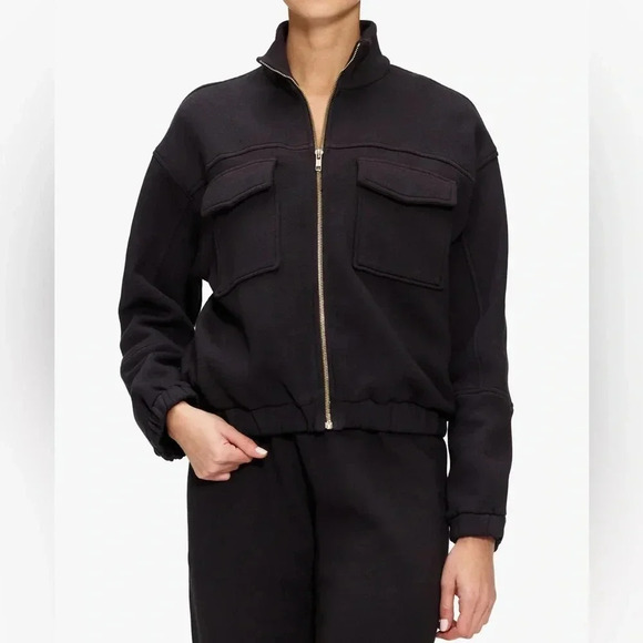 Monrow Seamed Bomber jacket black zip front pockets Size L - Picture 9 of 10